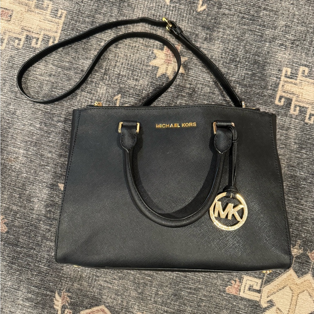 Michael Kors 30S4GTVS6L-001 Sutton Leather Medium Satchel Handbag - Black